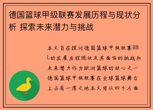 德国篮球甲级联赛发展历程与现状分析 探索未来潜力与挑战
